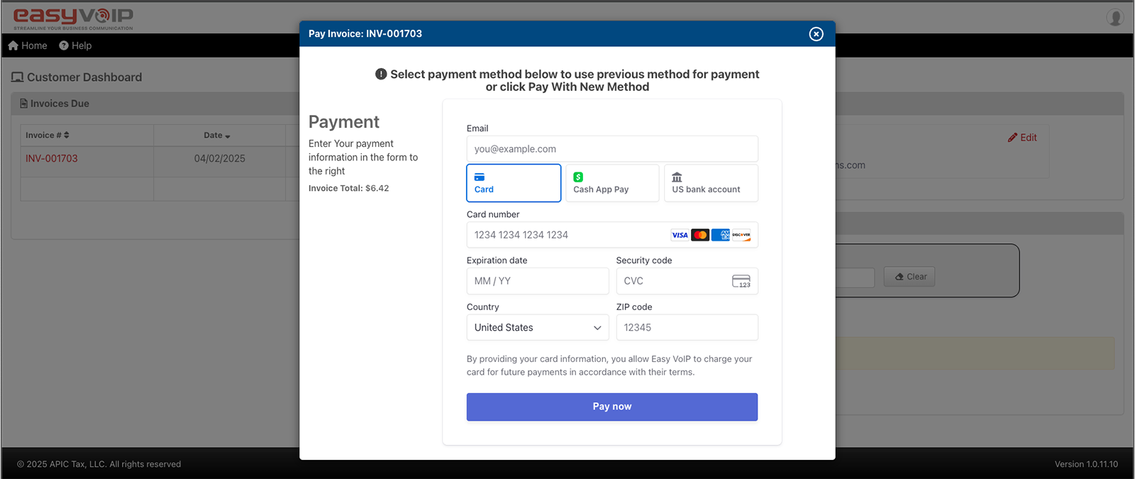 Enter Credit Card or ACH Info